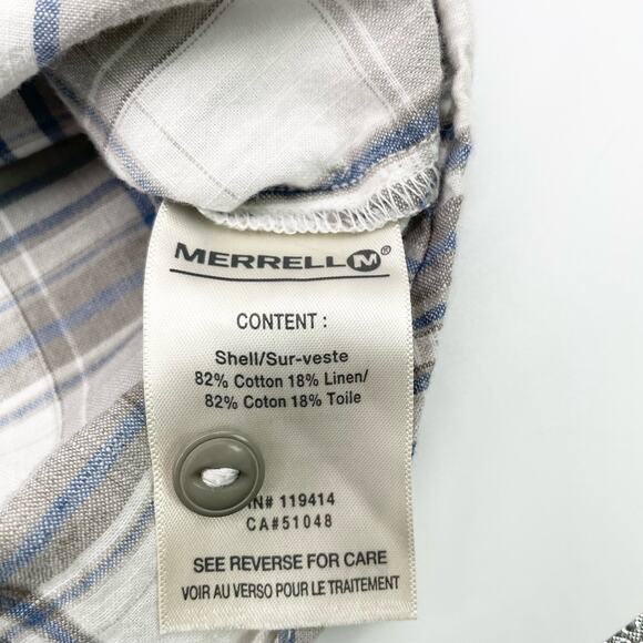 Merrell Boys XL Short Sleeve Plaid Button‎ Down Shirt Tan Blue White Linen Blend - Picture 8 of 8